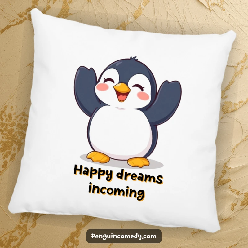 Funny Penguin Pillow: A plush pillow depicting a cheerful penguin flapping its wings in sheer delight, offering comfort and vibrant happiness.