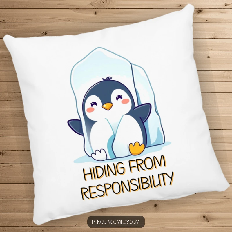 Funny decorative pillow featuring a grinning penguin peeking from behind a large iceberg, adding a touch of arctic charm.
