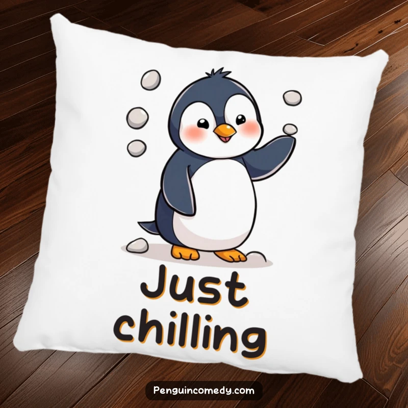 Funny penguin character in the middle of juggling three small pebbles, bringing cute and comical vibes to this plush pillow.