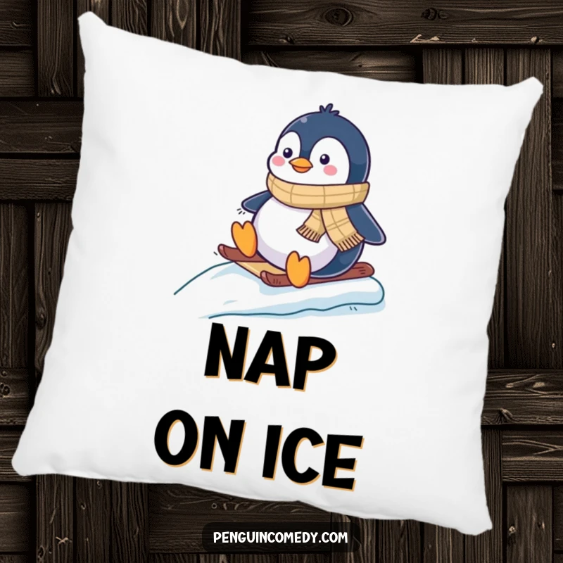 Funny pillow showcasing a happy penguin in a cute scarf, sliding down an icy surface with a look of pure delight.