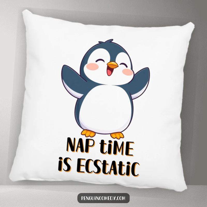 Funny pillow showcasing a penguin joyfully flapping flippers, providing comfort and a vibrant splash of happiness to any room.