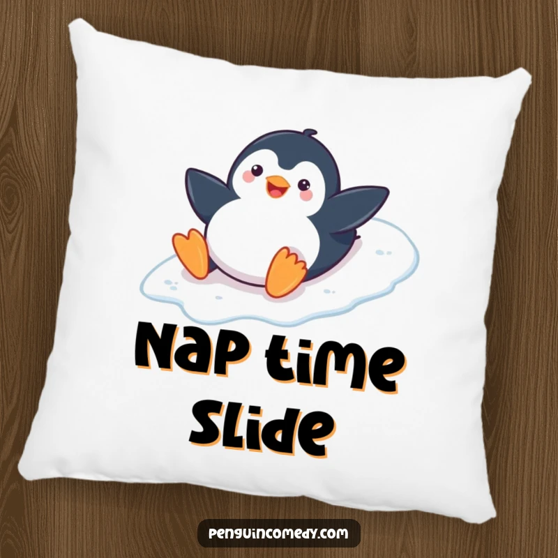 Funny Penguin Throw Pillow: A playful penguin smiles, belly sliding down an icy slope, a soft and funny gift.