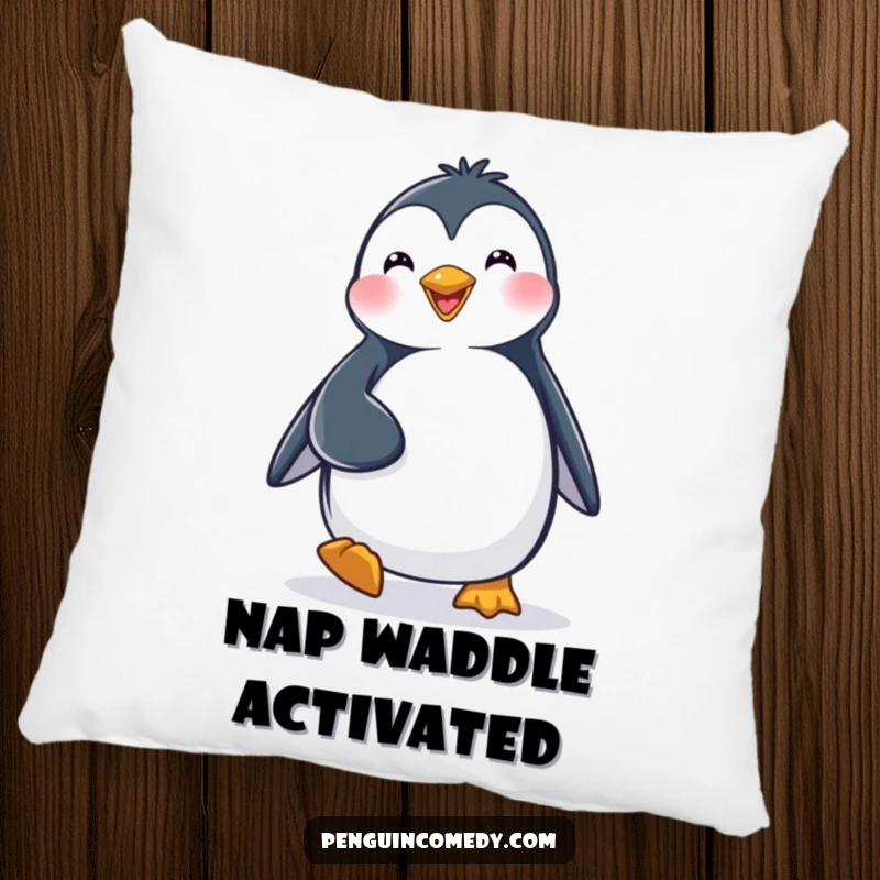 Funny Pillow: A happy penguin character waddling with a determined stride, offering comfort and cheer.