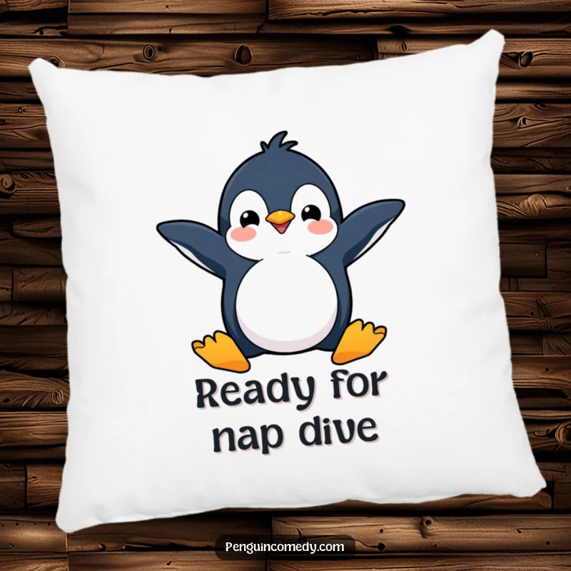 Funny pillow featuring a happy penguin with flippers spread wide, ready to dive, bringing energetic charm.