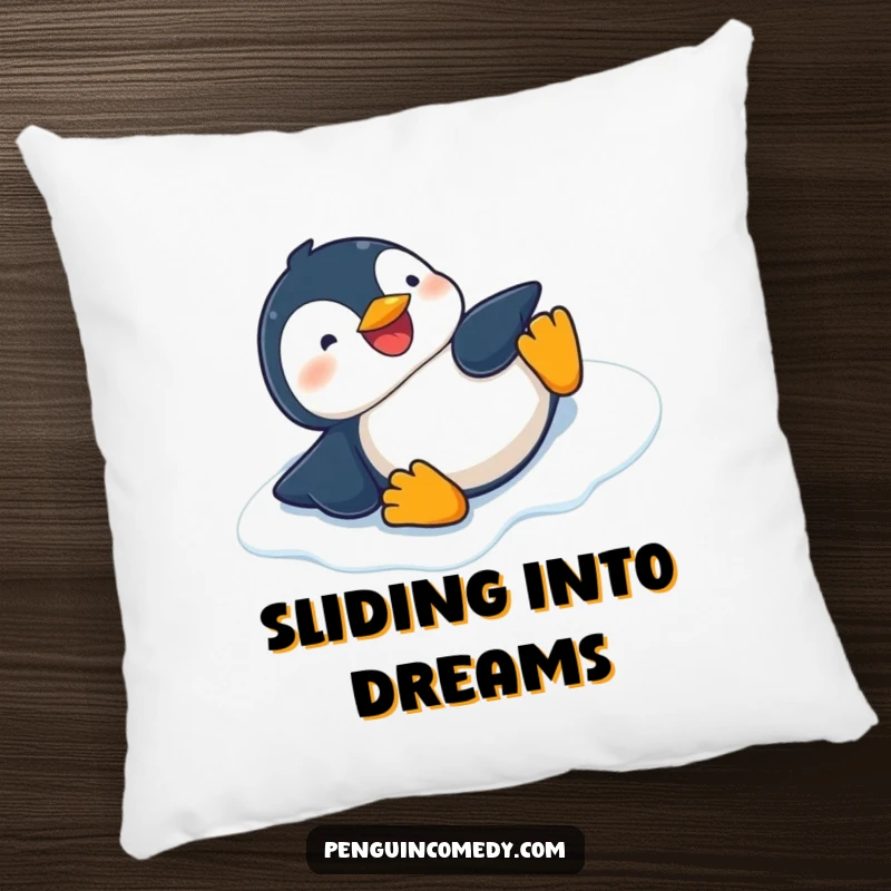 Funny soft decorative pillow featuring a giggling penguin sliding on its belly down an icy slope, perfect for charm.