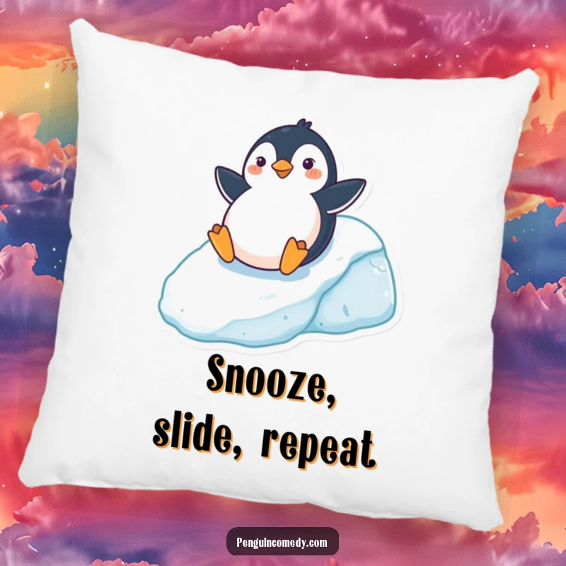 Funny Decorative Pillow featuring a cheerful penguin sliding down an icy hill, offering comfort and a touch of winter humor, a cute funny gift.