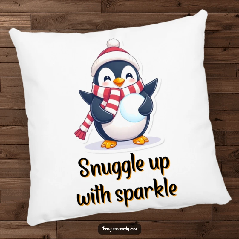 Funny Penguin Pillow featuring a penguin in a festive scarf holding a glowing snowball, offering comfort and a dose of winter magic.