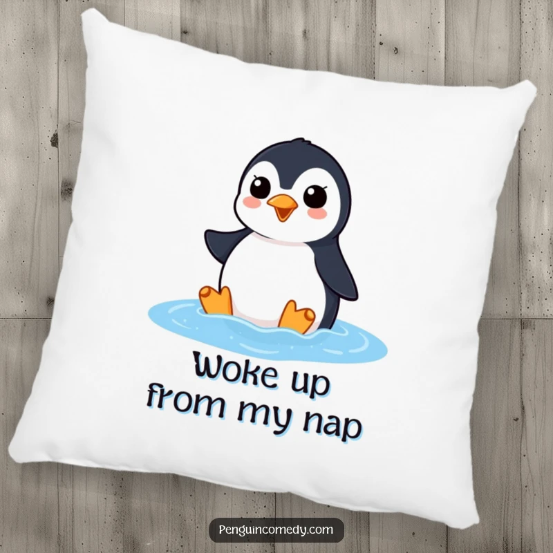 Funny penguin pillow featuring an excited penguin squawking as it surfaces from the ocean, offering soft comfort and hilarious cheer.