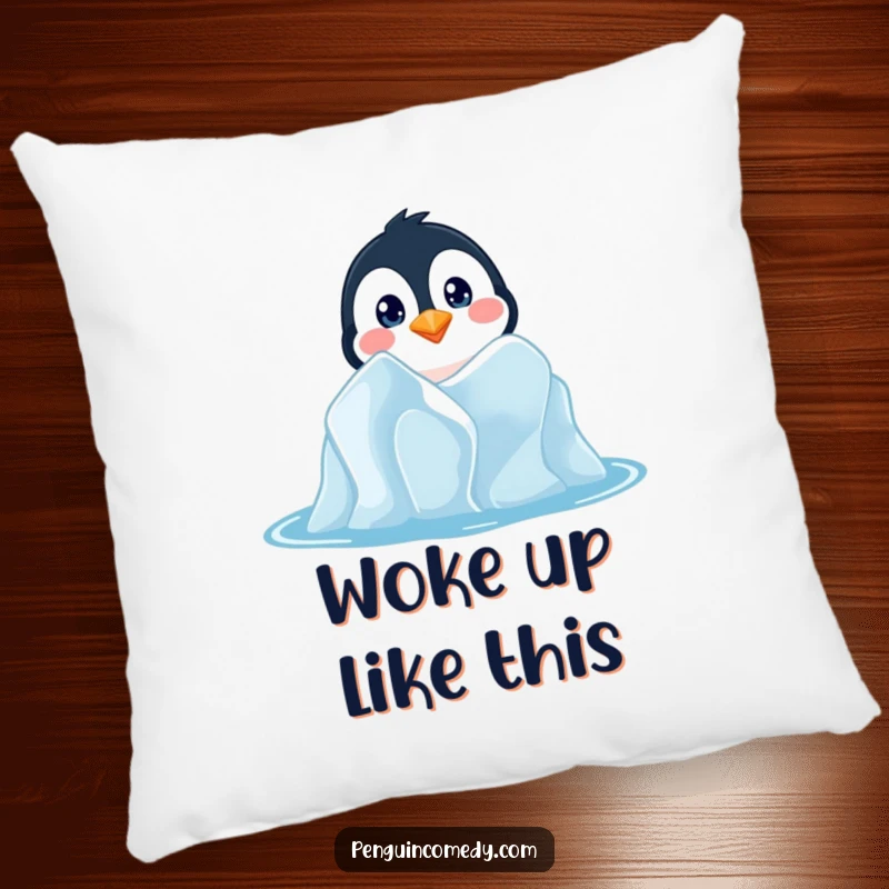 Funny pillow exhibiting a penguin with wide, curious eyes peeking from behind an iceberg, offering comfort and a touch of humor.