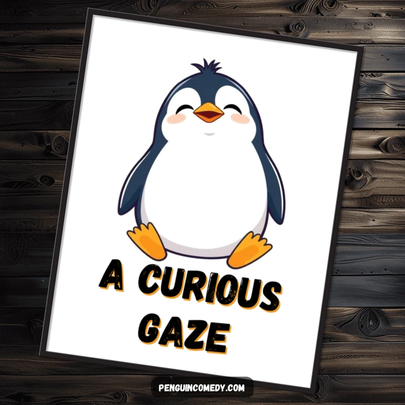 Funny digital art print of a giggling penguin with its head tilted, looking curiously upwards, radiating joy.
