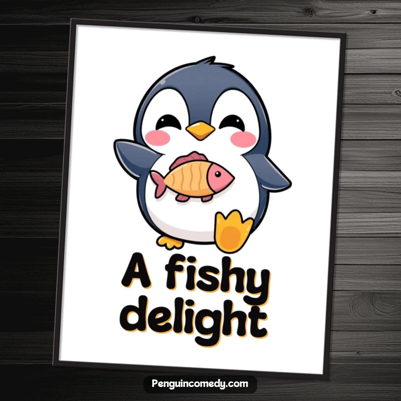 Funny digital art print of a delighted penguin proudly holding a fish icon, radiating accomplishment.