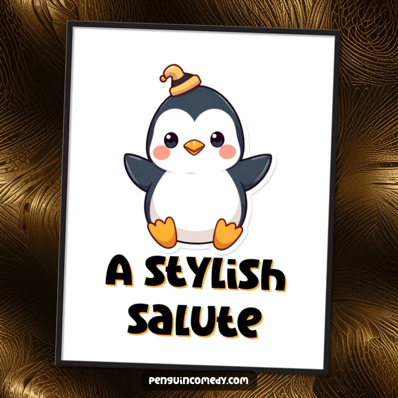 Funny digital art print of a penguin wearing a tiny hat, tipping it with a flourish, radiating charm.