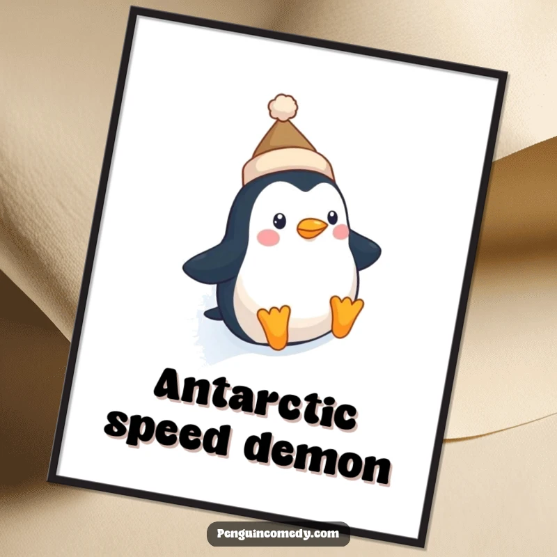 Funny Penguin Hat Digital Art Print: A high-resolution image of a cute penguin in a tiny hat sliding down an icy slope, ready to be printed.