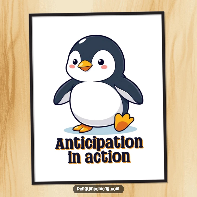 Funny penguin digital art print of a penguin in an alert stance, ready to dive, capturing hilarious motivation and focus.