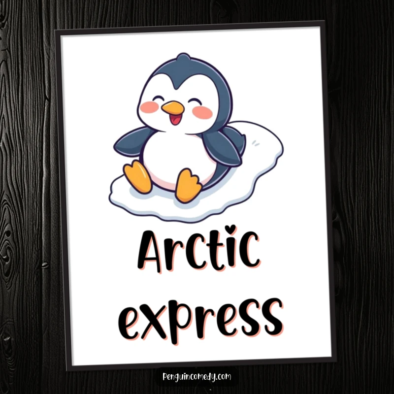 Funny Penguin Sliding Down Icy Hill Digital Art Print, a high-quality, humorous illustration capturing a penguin's delightful descent on ice.