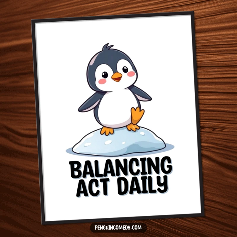 Funny Digital Art Print: A silly penguin balancing precariously on a slippery surface. Instant downloadable art with a humorous theme.
