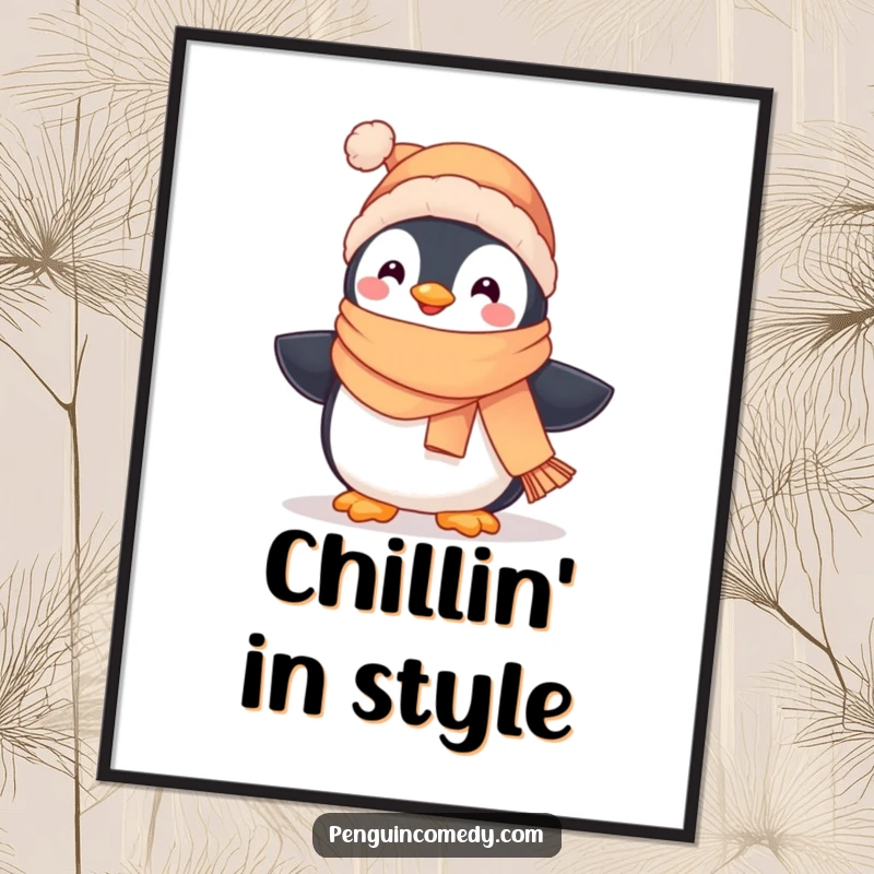 Funny downloadable art print of a cute penguin in winter attire, waddling happily, ideal for digital frames.