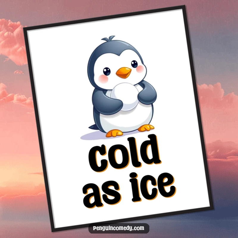 Funny digital art print of a penguin holding a small snowball, ready to add humor to any room.