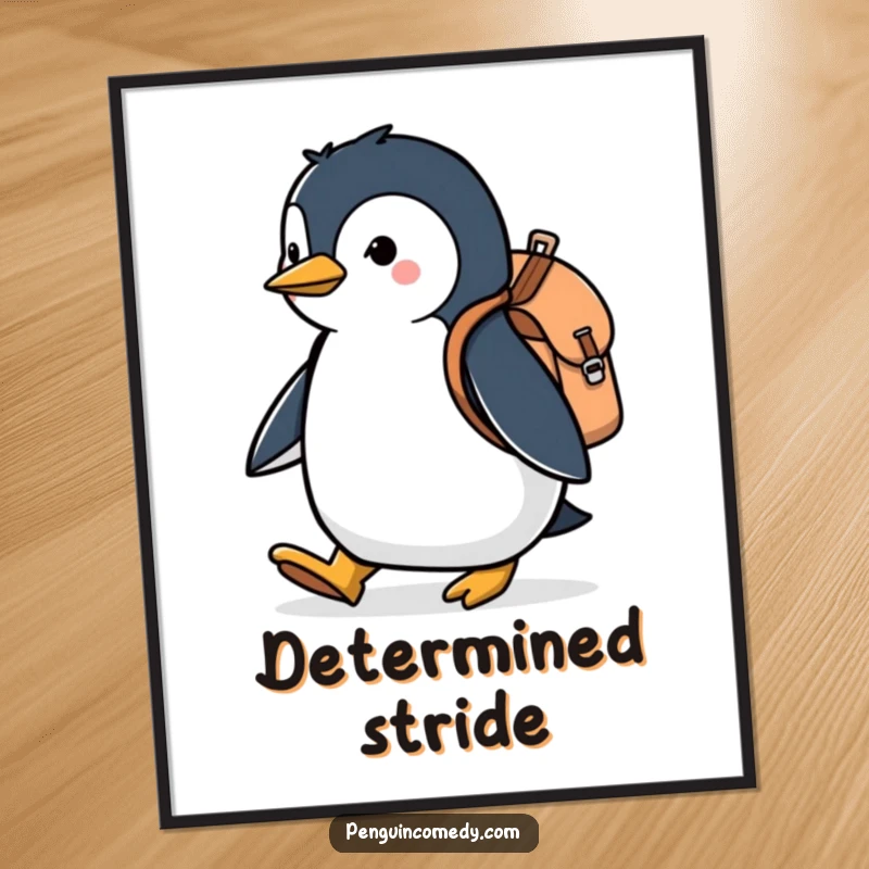 Funny digital art print of a penguin with a backpack, marching with purpose, perfect for instant wall decor with an adventurous theme.