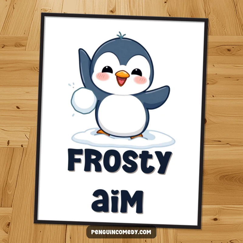 Funny digital art print of a cheerful penguin throwing a snowball, perfect for instant wall decor with a dose of winter humor.
