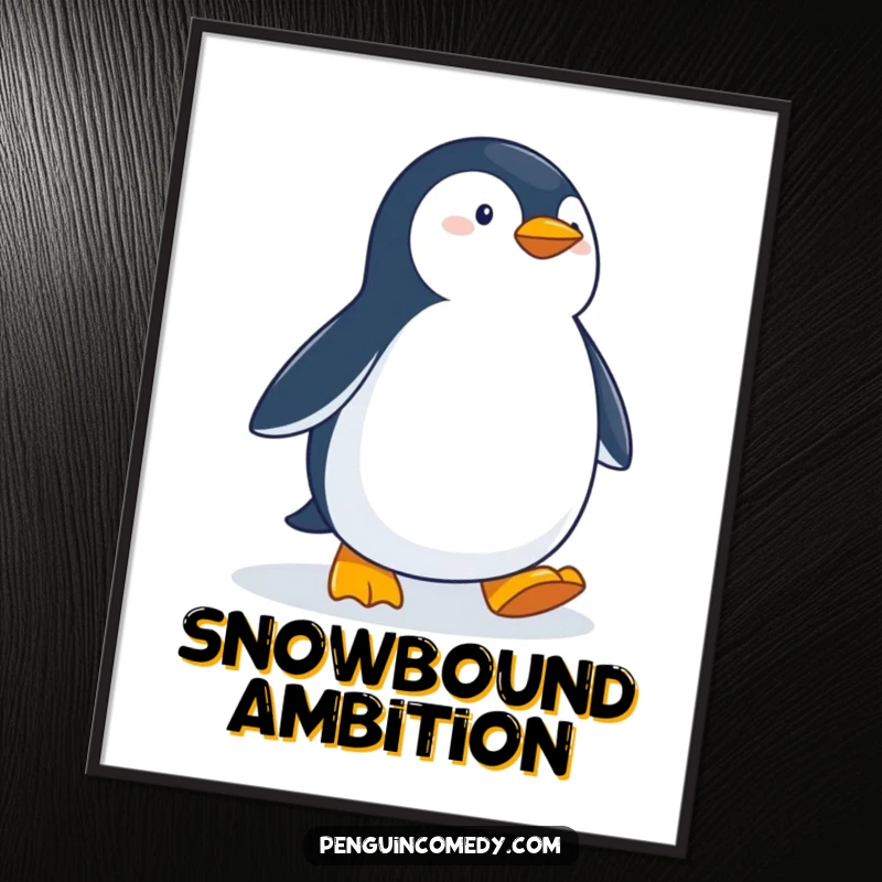 Funny Determined Penguin Digital Art Print: A high-resolution image of a determined penguin waddling purposefully across a snowy landscape, ready to be printed.