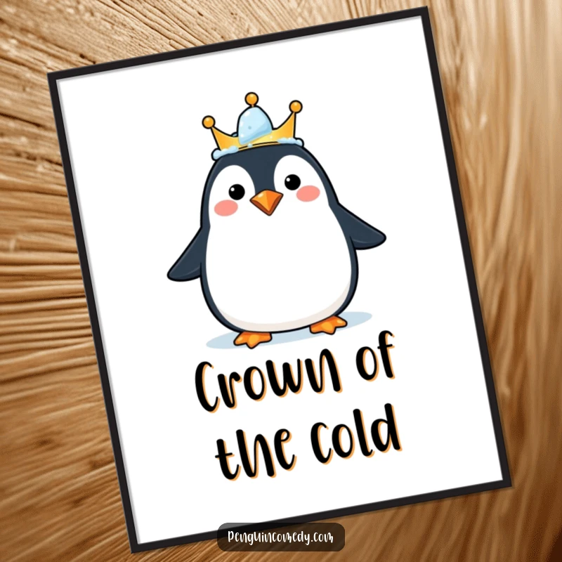 Funny digital art print of a happy penguin with an ice crown, instantly downloadable for charming decor, a gift.
