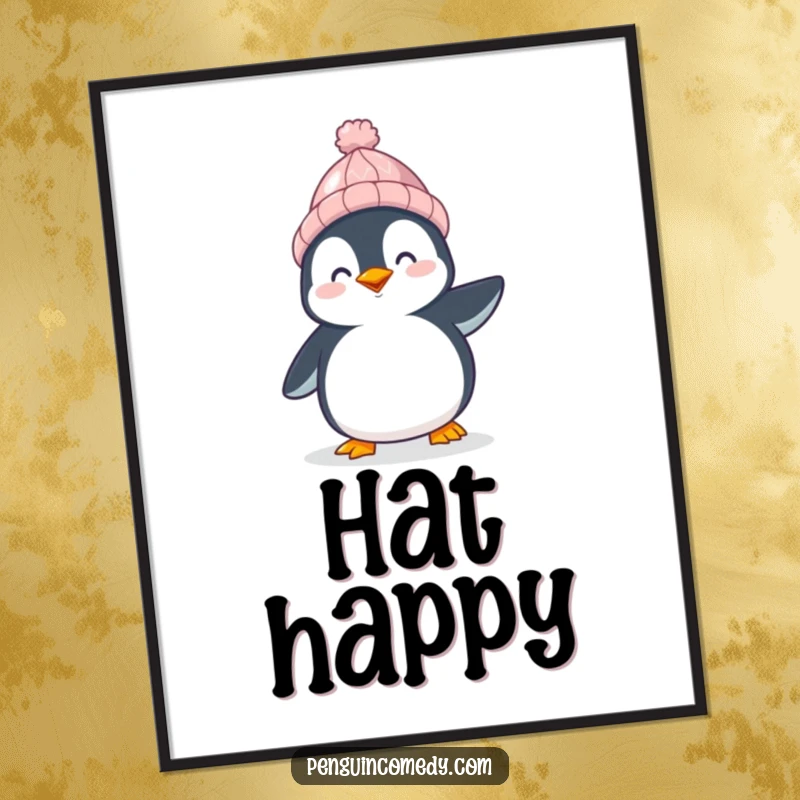 Funny Penguin Digital Art Print: A happy penguin in a hat waddles joyfully, a heartwarming and funny gift.