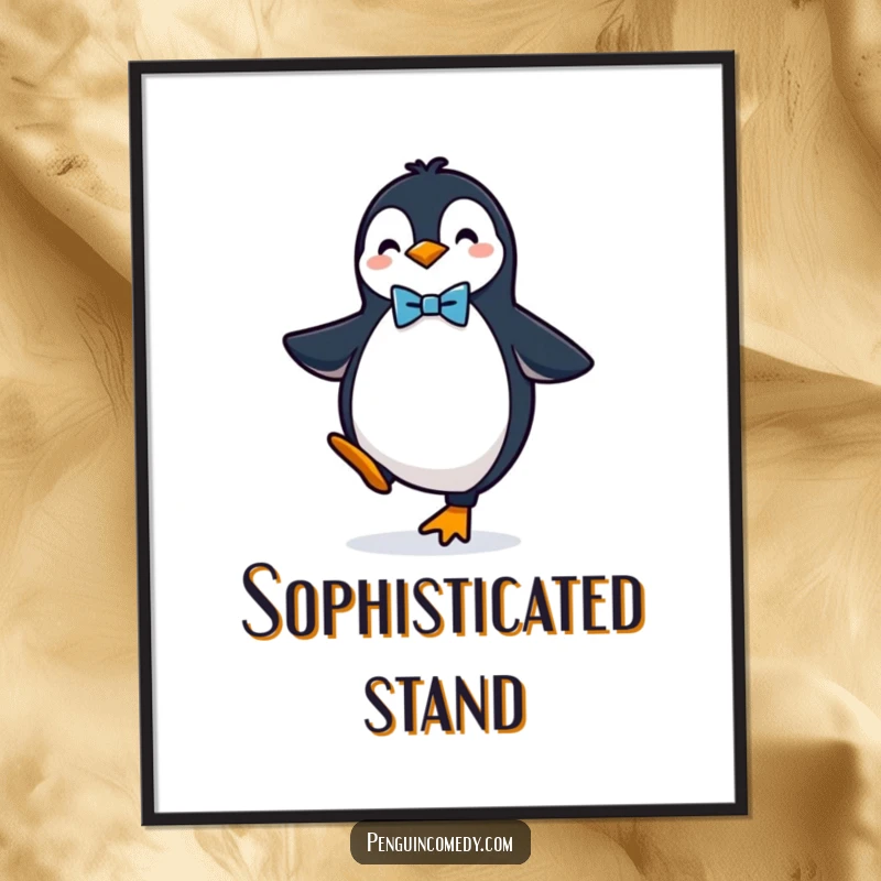 Funny digital art print of a dapper penguin in a bow tie balancing, ready for instant elegant wall decor.