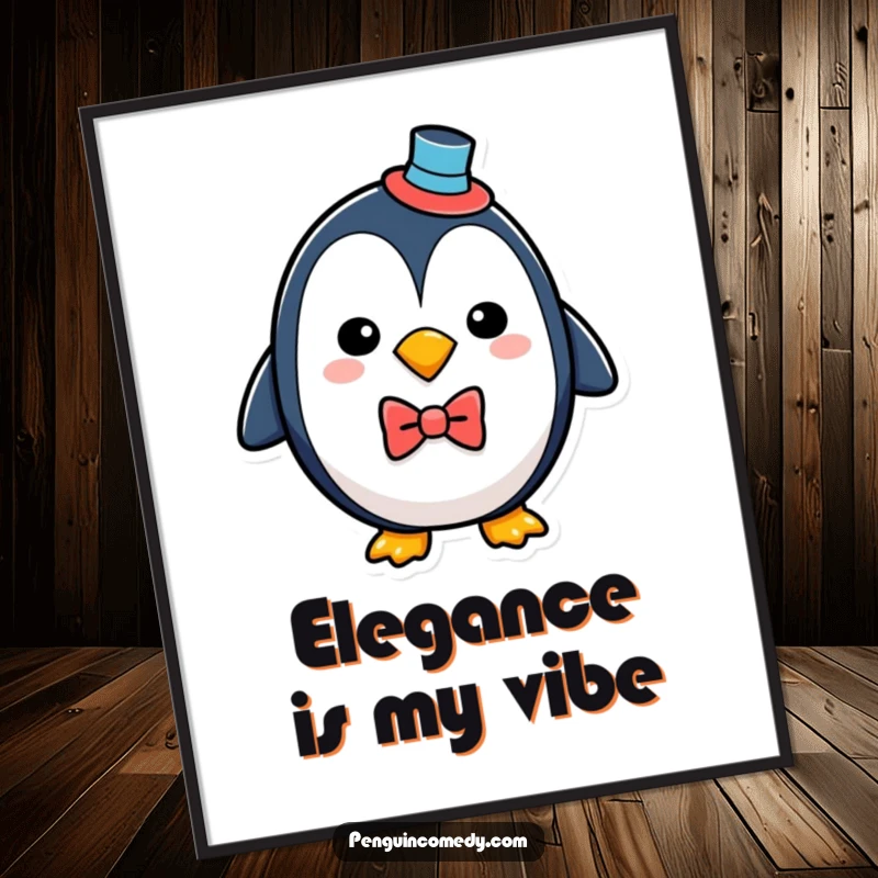 Funny penguin wearing a top hat and bowtie, available as digital art for instant, humorous wall decor.
