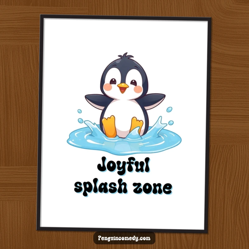 Funny Digital Art Print: A playful penguin character splashing in a bright blue puddle, radiating pure joy.