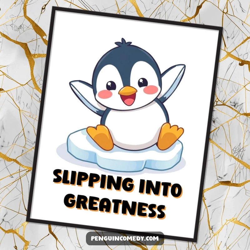 Funny digital art print of a penguin joyfully sliding headfirst on ice, capturing a moment of pure, unadulterated fun.