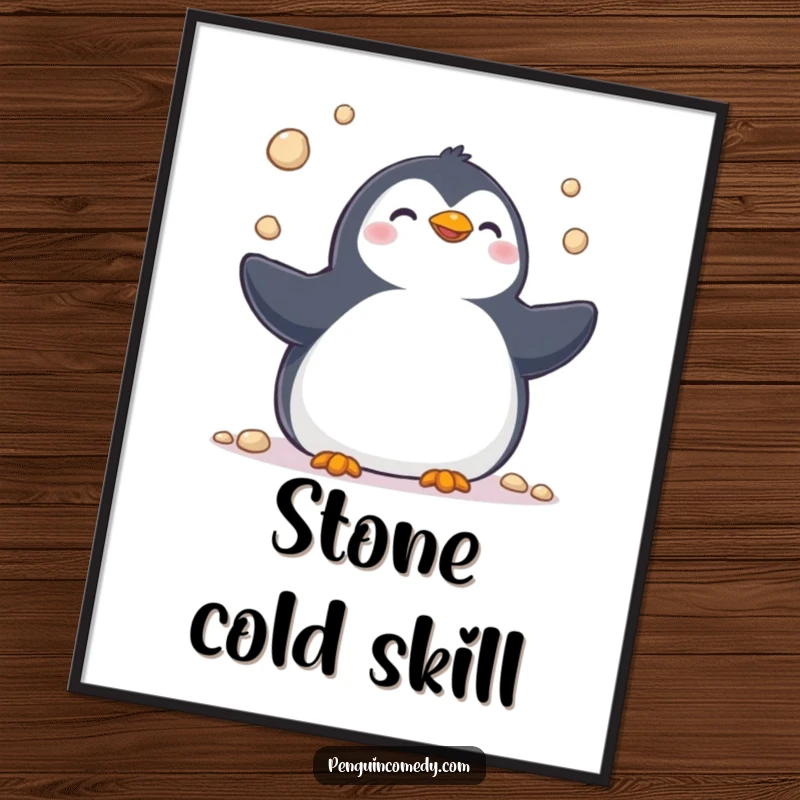Funny digital art print of a happy penguin juggling pebbles with a cheerful chirp, perfect for instant wall decor with a playful theme.