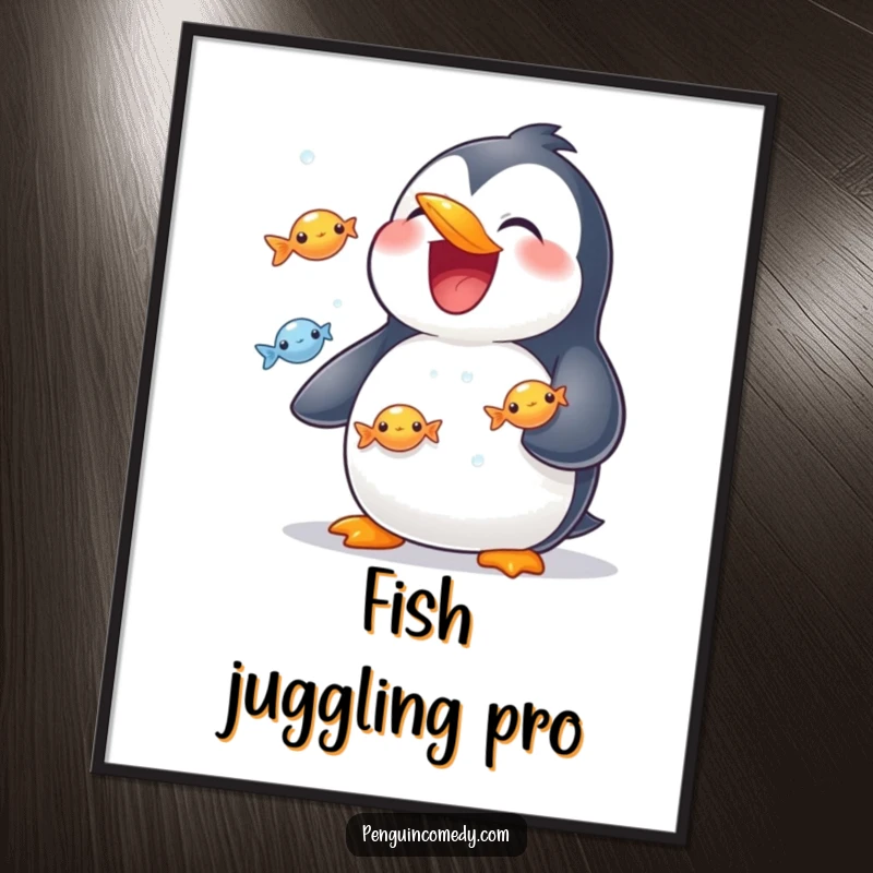 Funny digital art print of a grinning penguin masterfully juggling shiny fish, showcasing impressive skill.