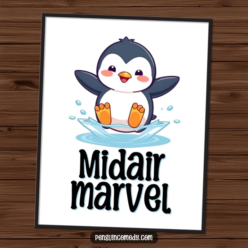 Funny digital art print of a playful penguin captured mid-jump, flippers outstretched, splashing into water.