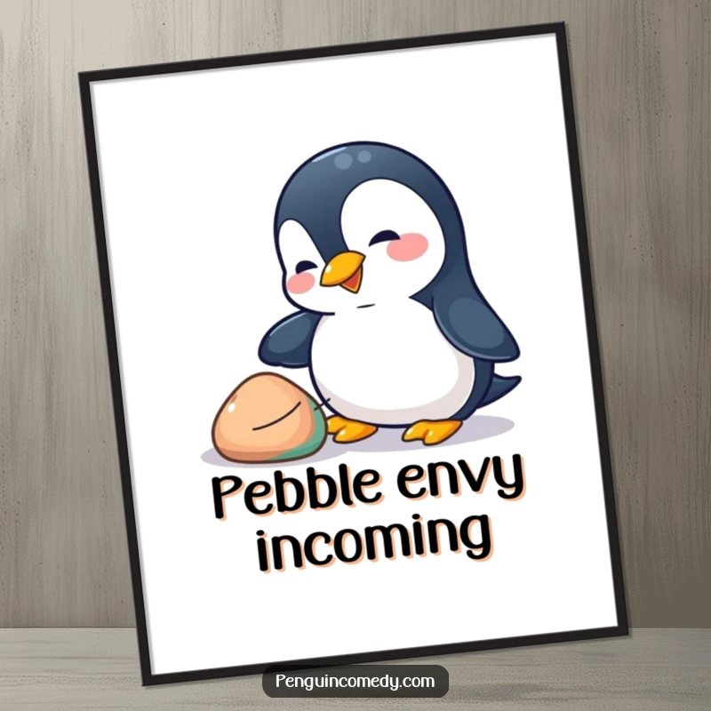 Funny penguin digital art print of a playful penguin nudging a colorful pebble with its beak, celebrating curiosity and charm.