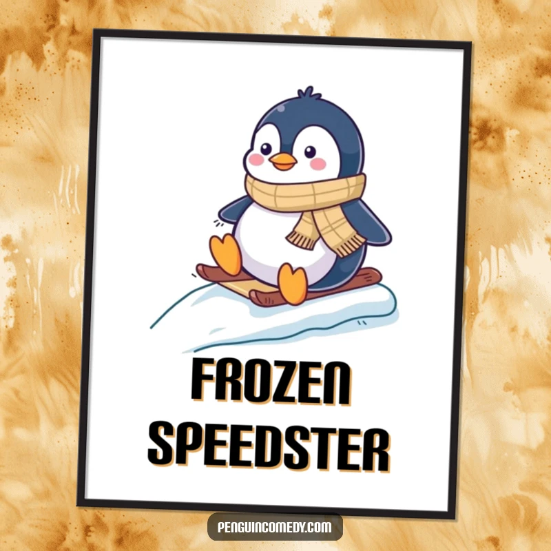 Funny digital art print of a happy penguin in a scarf, sliding down an icy slope with pure joy and excitement.