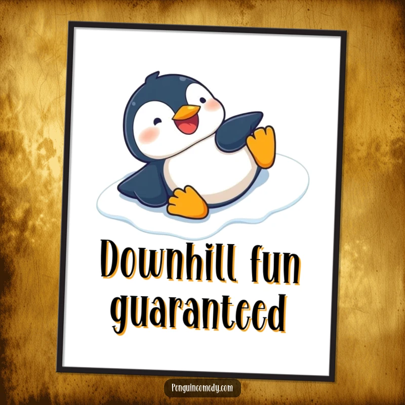 Funny downloadable art print of a giggling penguin sliding on its belly down an icy slope, ideal for digital frames.
