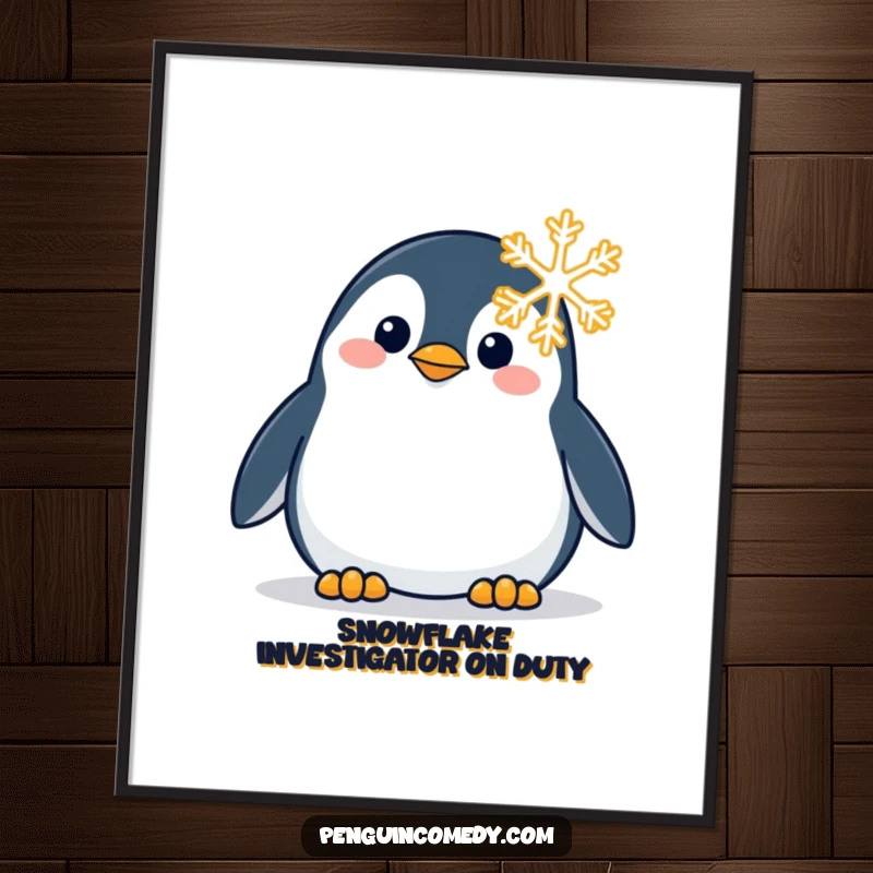 Funny digital art print of a penguin with an expression of wonder, curiously studying a single, detailed snowflake.