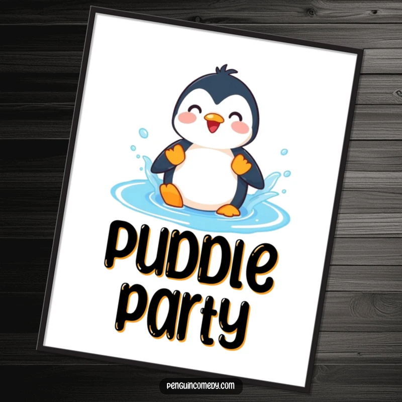 Funny Penguin Splashing Puddle Digital Art Print, a high-quality, humorous illustration of a penguin joyfully splashing in a vibrant blue puddle.