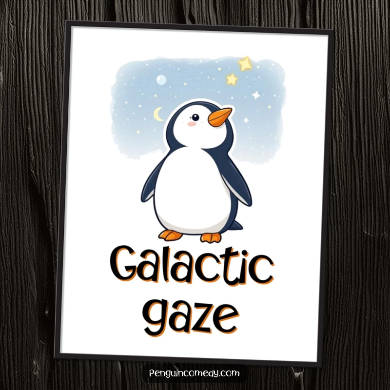 Funny digital art print of a penguin looking at a starry night, perfect for adding cosmic humor.
