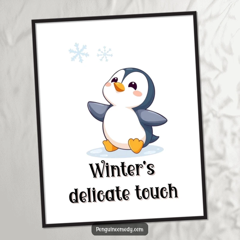 Funny Penguin Watching Snowflake Digital Art Print, a high-quality, humorous illustration of a penguin captivated by the gentle fall of a snowflake.