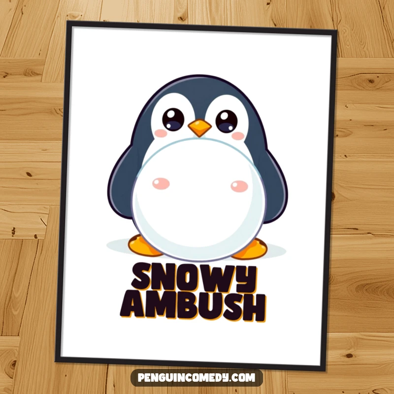 Funny digital art print of a shy penguin peeking from behind a snowball, ready for instant whimsical decor.