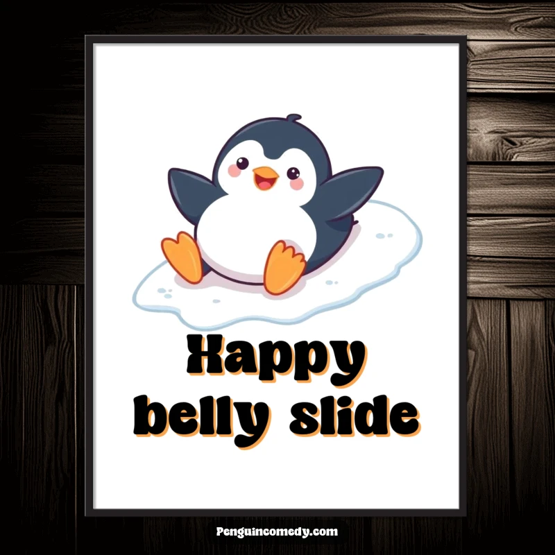 Funny Penguin Digital Art Print: A playful penguin smiles belly sliding down an icy slope, energetic and funny gift.