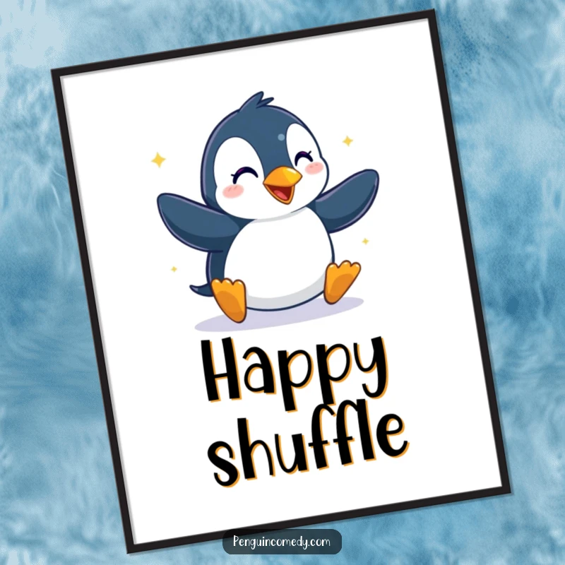 Funny digital art print of a penguin dancing with pure glee, perfect for instant wall decor with a joyful and humorous theme.