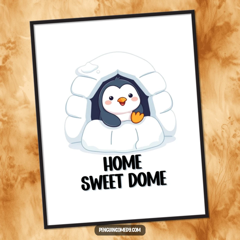 Funny Penguin Digital Art Print: a cheerful penguin peeking from an igloo, conveying joy and arctic charm.