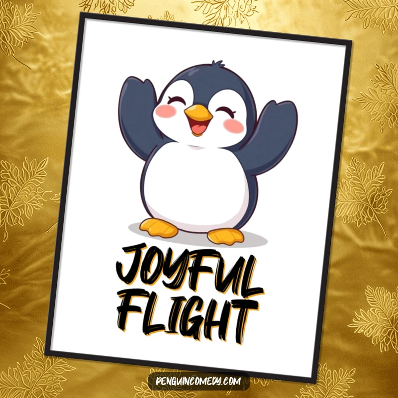Funny Penguin Digital Art Print: A cheerful penguin enthusiastically flapping its wings with pure delight, capturing vibrant joy and infectious energy.