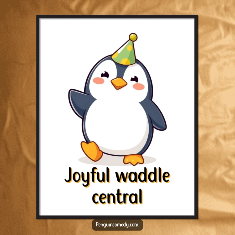 Funny cute penguin wearing a party hat, waddling happily, available as an instant download funny digital art print gift.