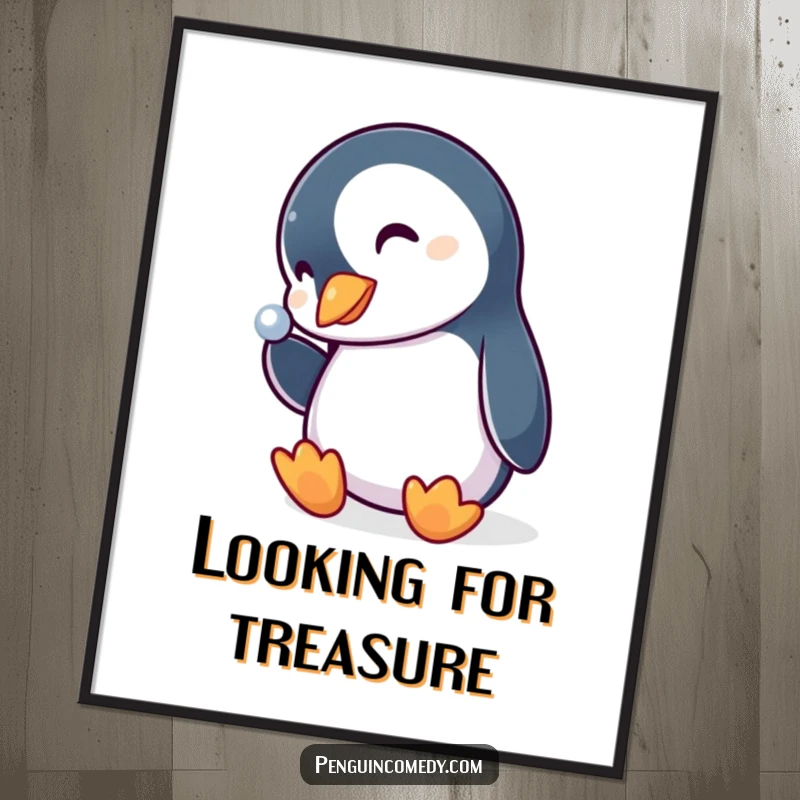 Funny penguin digital art print, a cute curious bird with head tilted, eyes locked onto a dazzling shiny object, full of wonder.