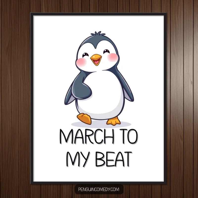 Funny Digital Art Print: A happy penguin character waddling with a determined stride, radiating pure joy and energy.