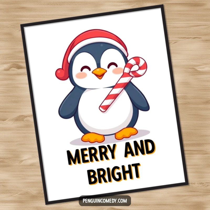 Funny digital art print of a smiling penguin holding a candy cane, perfect for instant wall decor with a festive and humorous theme.